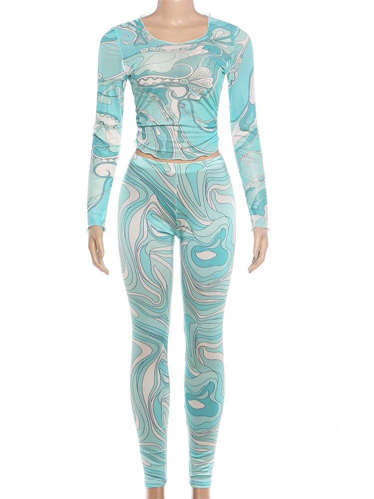 See-Through Two-Piece Long-Sleeve Crop Top and Skinny Pant Set for Women