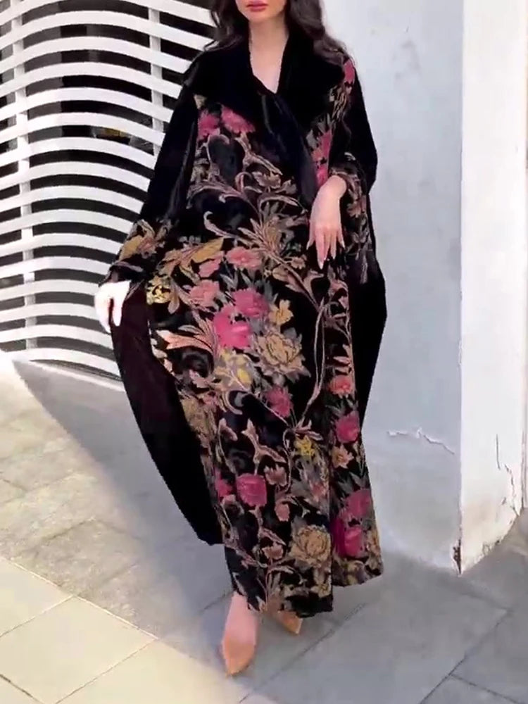 Elegant V-neck Splicing Robe Windbreaker Women's Casual Long Sleeve Draped Loose Jacket Fashion Flower Print Color Blocked Coats