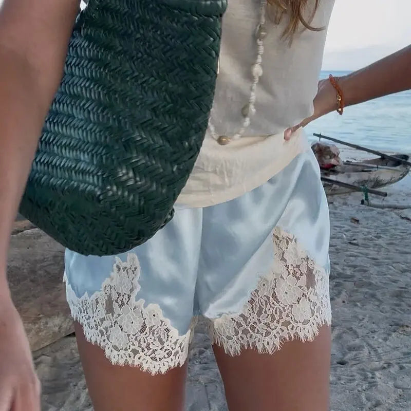 Women Lace Patchwork Satin Shorts Chic Loose Soild Wide Legs Elastic Short 2025 New Y2k Lady All Much Casual Street Outfits