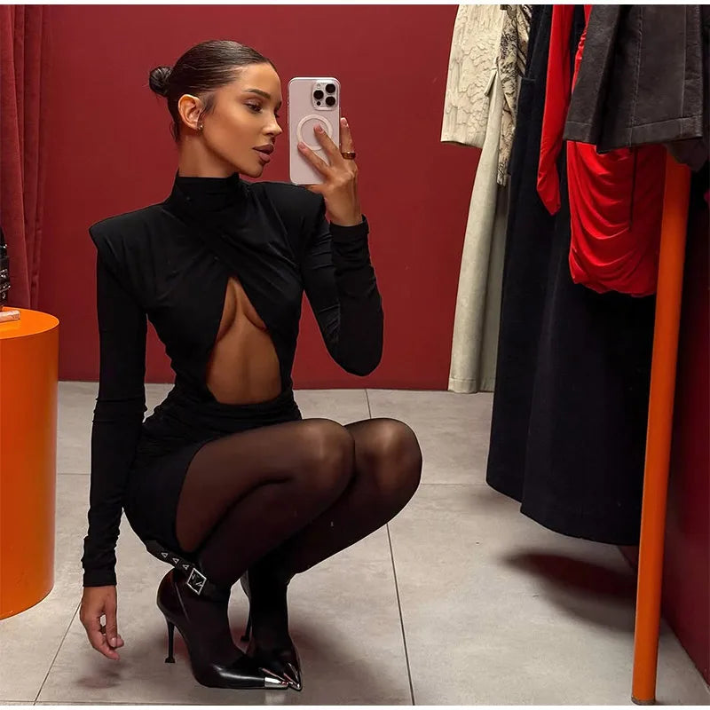 Women Sexy Hollow Out Pleated Mini Dress Fashion Solid Half High Collar Full sleeve Short Dresses Lady 2025 Chic Party Robes