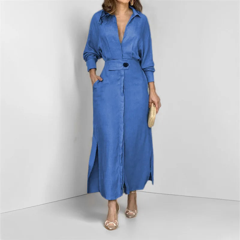 Autumn Elegant Long Sleeve V Neck Shirt Dress for Women