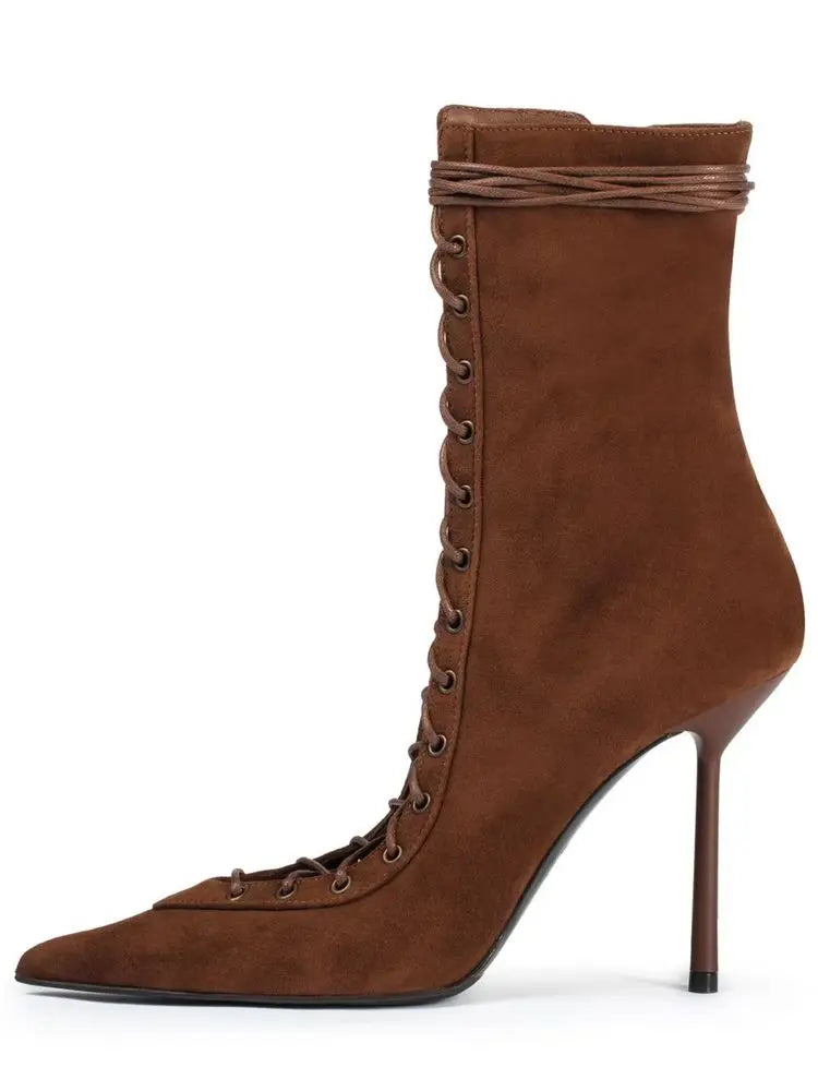 Lace Up Knee High Heeled Boots With Side Zipper for Women