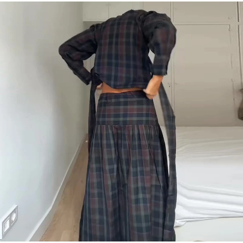 Vintage Plaid Women's Skirt Set V-neck Puff Sleeve Waist Belt Cinched Floor-length Skirt Suit Woman 2026 Spring Evening Outfits