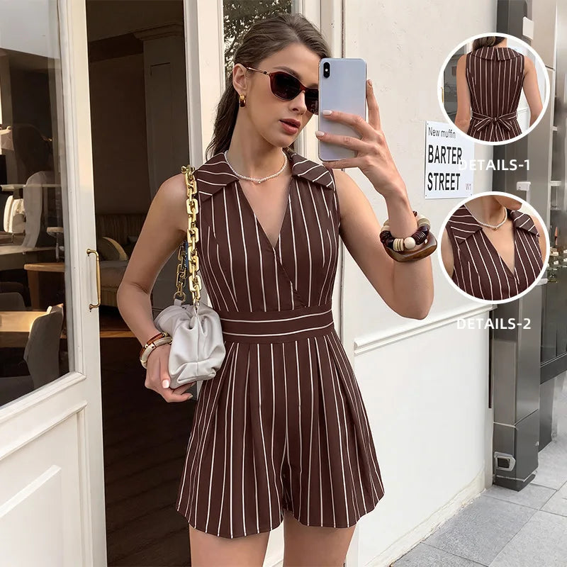 Striped Sleeveless Lapel V Neck High Waist Romper Shorts for Women