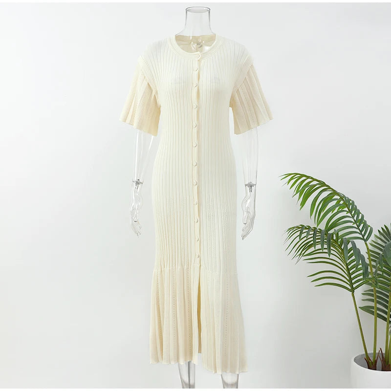 Elegant Pleated Hem Street Fashion O Neck Bell Sleeve Slim Knit Midi Dress 2025 Women Summer Beach Swimsuit Cover Up Tunic A3055