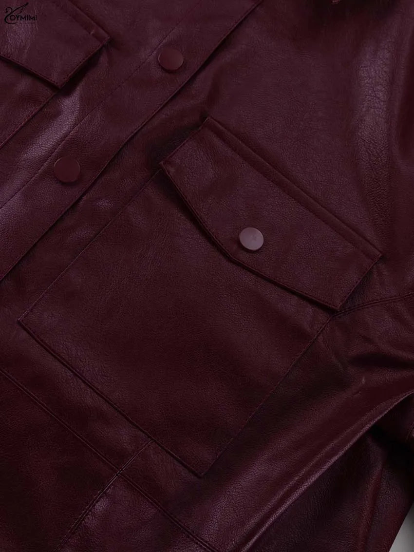 Oymimi Fashion Wine Red Pu Leather Women's Two Pieces Set Elegant Long Sleeve Button Shirts And Spaghetti Strap Mini Dress Sets