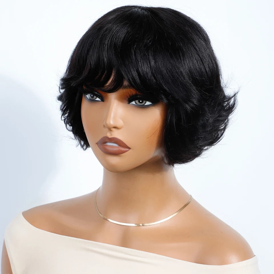 Remy Human Hair Short Pixie Cut Wavy Bob Lace Closure Wig for Women