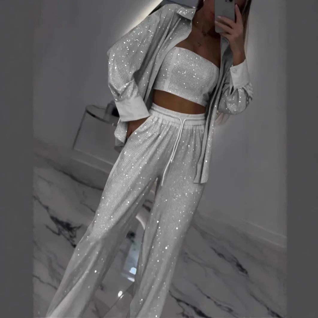 Casual Sequined Blazer With Wide Leg Pants Set For Women