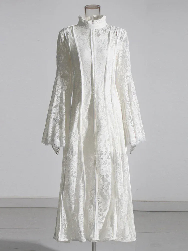 TWOTWINSTYLE Patchwork Lace Slimming Dresses For Women Stand Collar Flare Sleeve High Waist Solid Elegant Dress Female Fashion