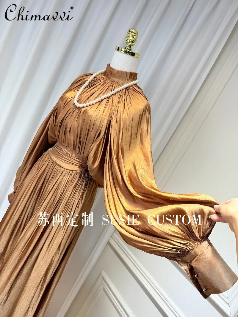 French Retro Palace Stand Collar Pleated Waist Tie Lantern Sleeves Large Swing Long Dress High Waist Elegant Vacation Dress
