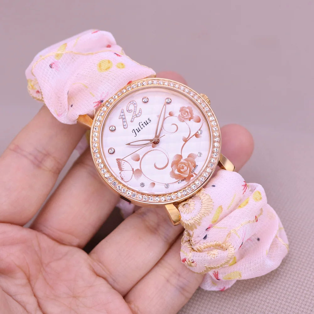 Rose Flower Japan Quartz Lady Women's Watch Elegant Lattice Fashion Hour Bracelet Elastic Watch Band Girl's Gift Julius No Box