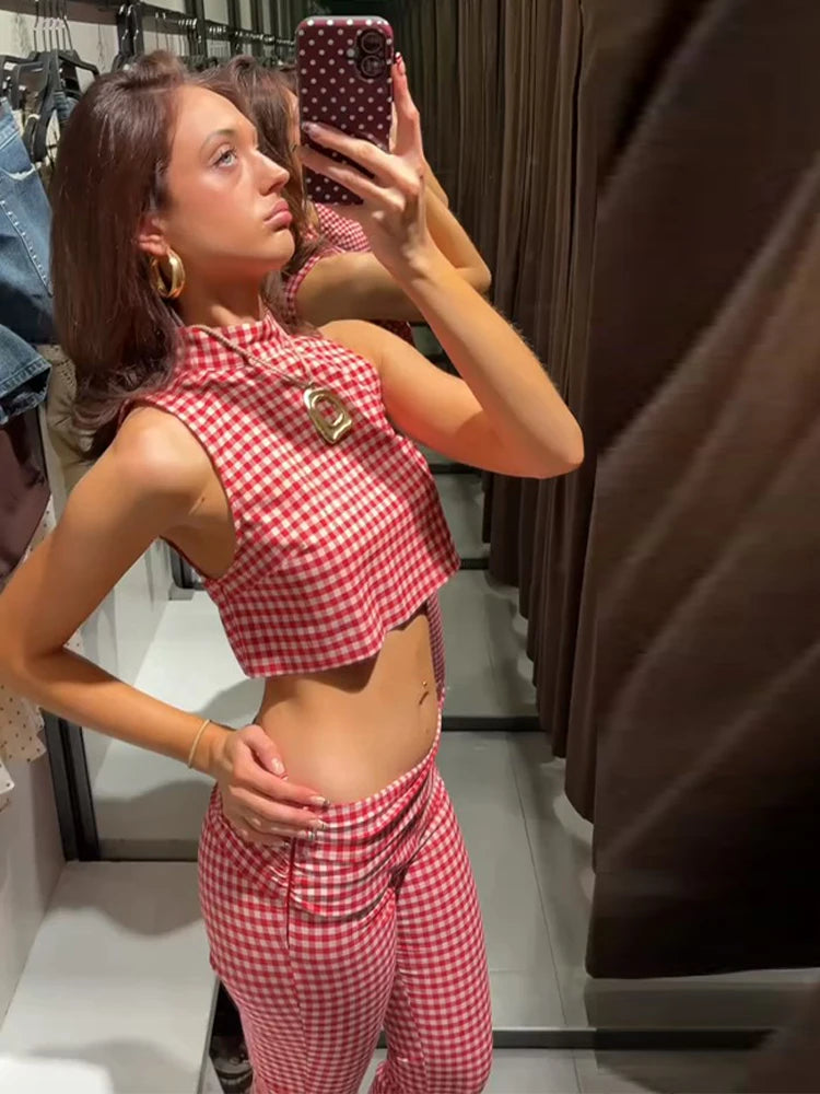 Casual Plaid Vest And Pleated Pants Set Beachwear for Women