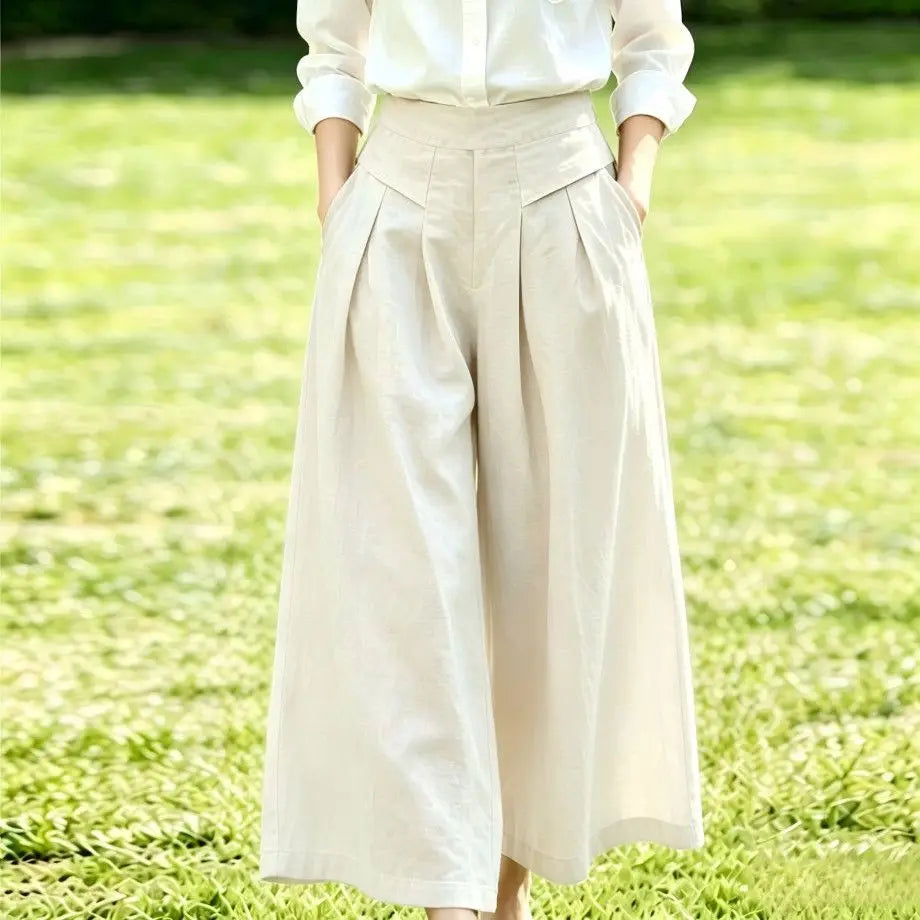 High-Waisted Cotton Linen Wide-Leg Culottes for Women