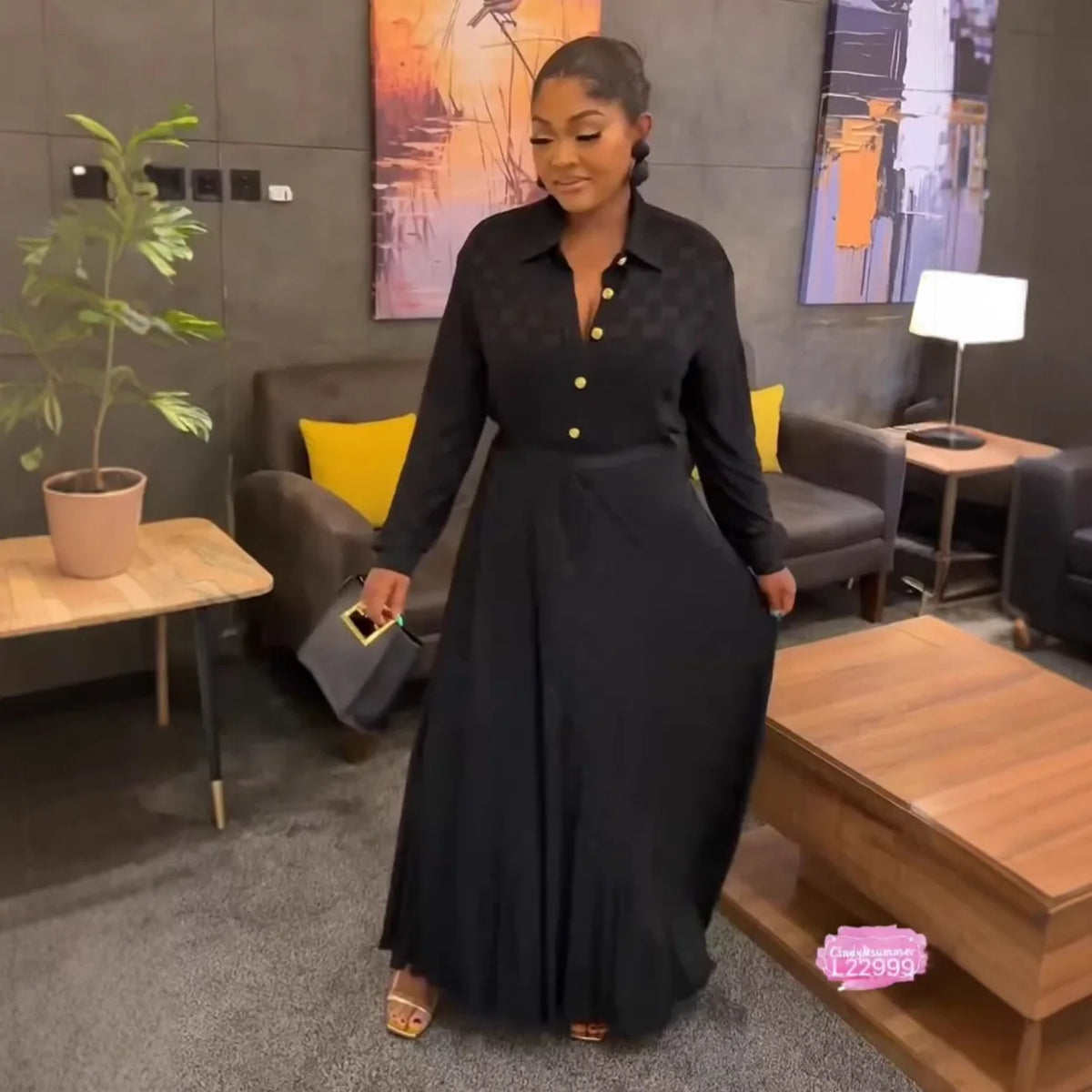 Pleated A Line Long Sleeve Ankle Length Dress for Women