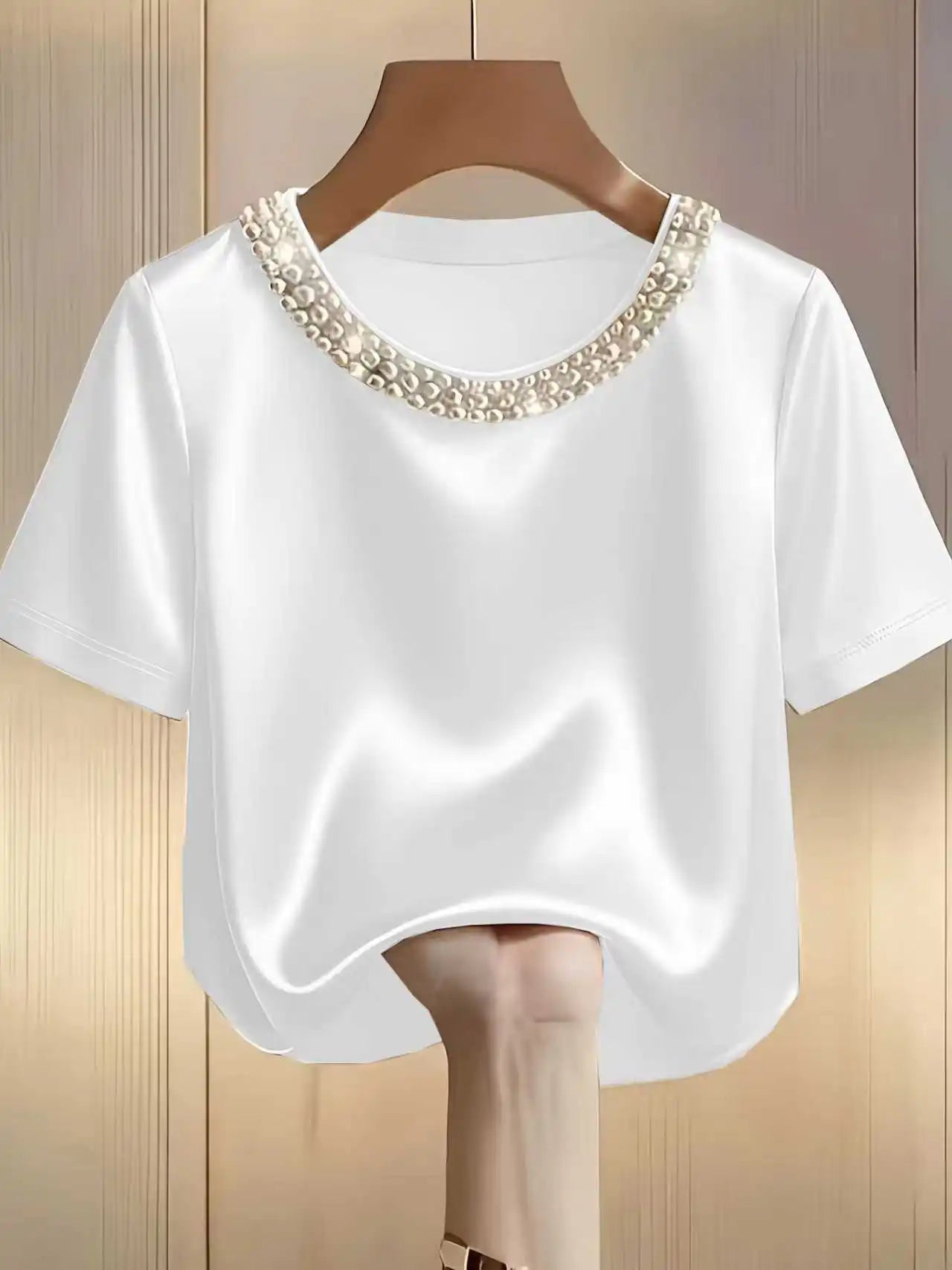 Satin Round Neck Pearl Beaded Decor Short Sleeve Top for Women