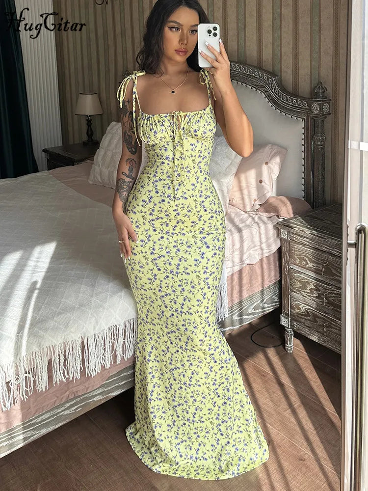 Sleeveless Floral Print Lace Up Backless Maxi Dress for Women