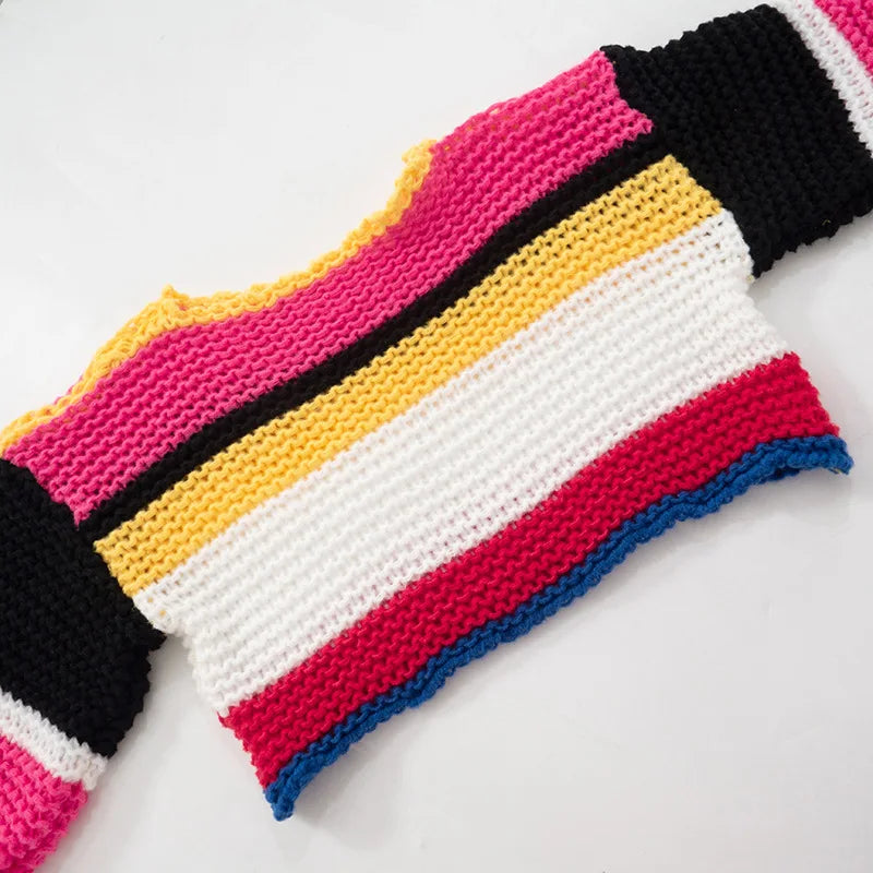 Rainbow Check Cropped Long Sleeve Knit Sweater for Women