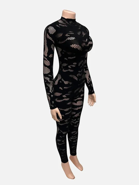 Peach See Through Jumpsuit With O Neck And Long Sleeves for Women