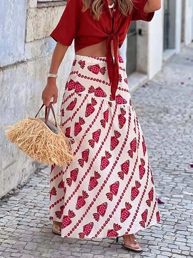 Women Autumn Beach Style Sexy Skirts, 2025 Patchwork Chic Elegant Fashion Skirts, Holiday Simple Retro Print Ladies Maxi Skirts