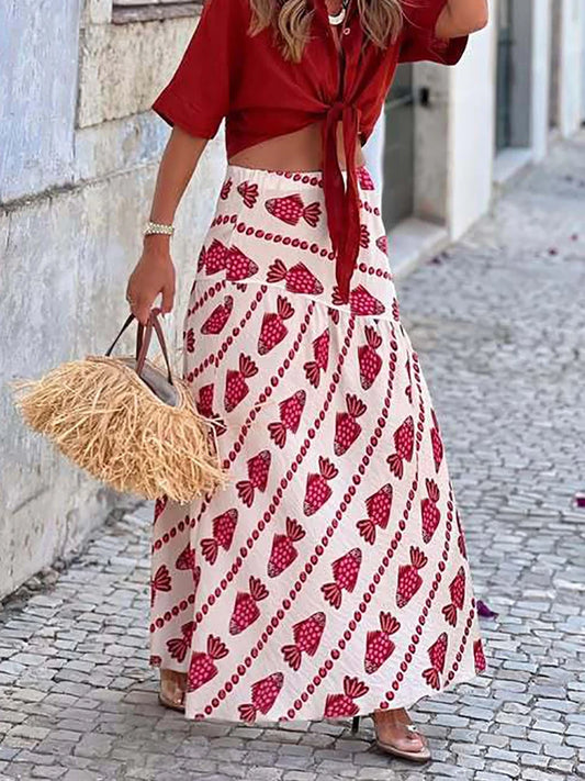 Women Autumn Beach Style Sexy Skirts, 2025 Patchwork Chic Elegant Fashion Skirts, Holiday Simple Retro Print Ladies Maxi Skirts