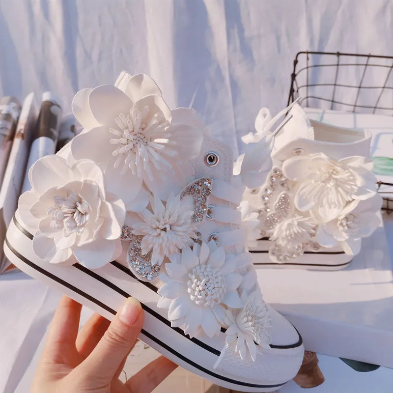 Floral Lace Up High Top Canvas Sneakers for Women
