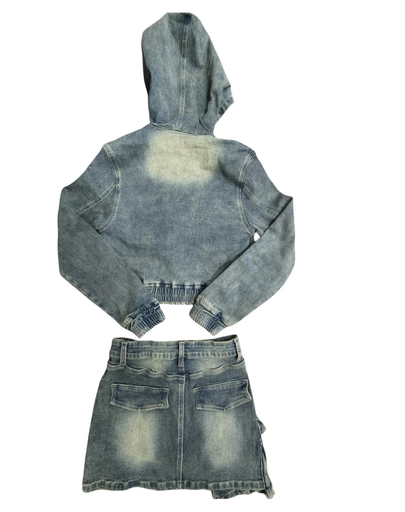 Retro Denim Patchwork Cargo Two Piece Set for Women