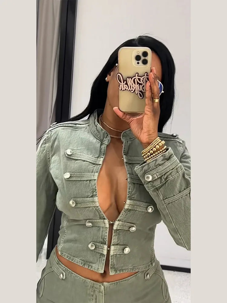 Elegant Slim Fit Stand Collar Denim Jacket Set for Women