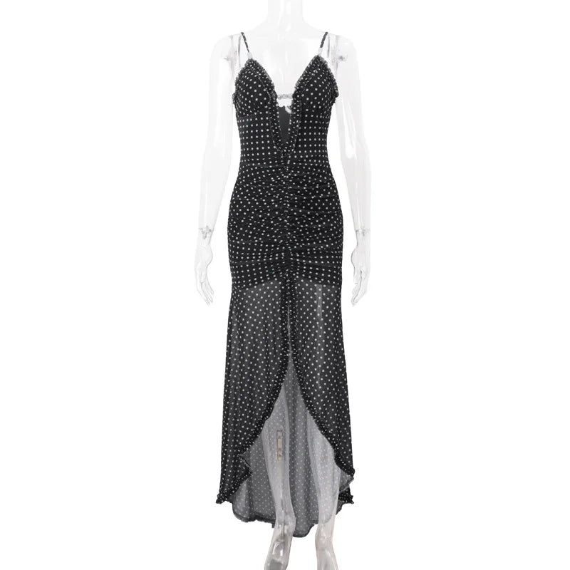 Cryptographic Summer Boho Polka Dot Split Ruched Dress Holiday Outfits for Women Sexy V Neck Backless Slip Mesh Dresses Clothes
