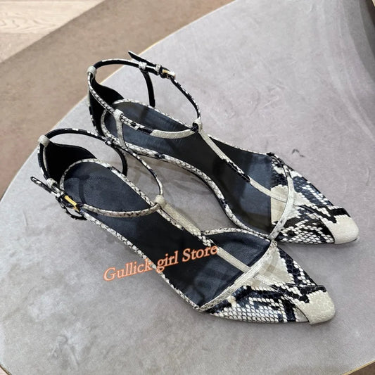 Pointed Toe Snakeskin Kitten Sandals
