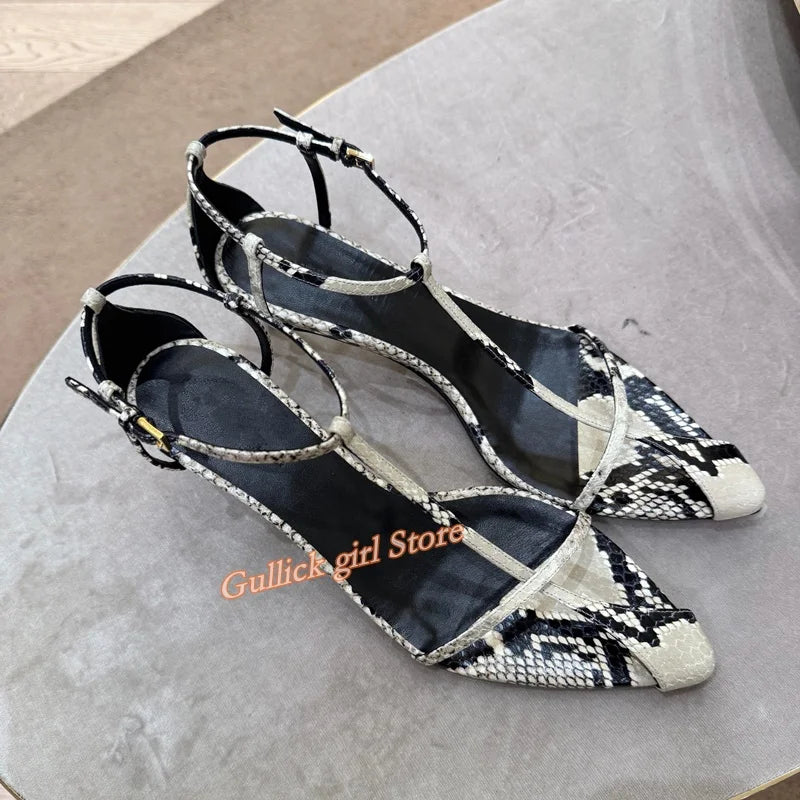 Snake Skin Kitten Heel Sandals T Strap Pointed Toe for Women