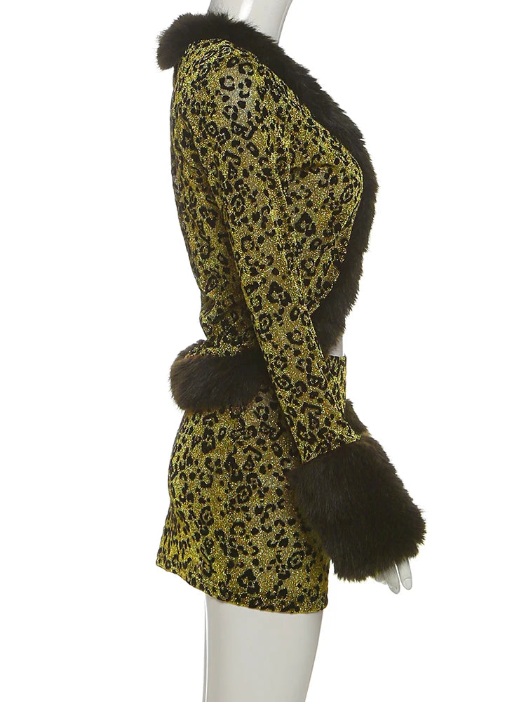 Cutenew Women 2 Piece Set Wild Fur Glitter Fluff Patchwork Cardigan Tops+Peach Hip Skirts Midnight Matching Hipster Clubwear