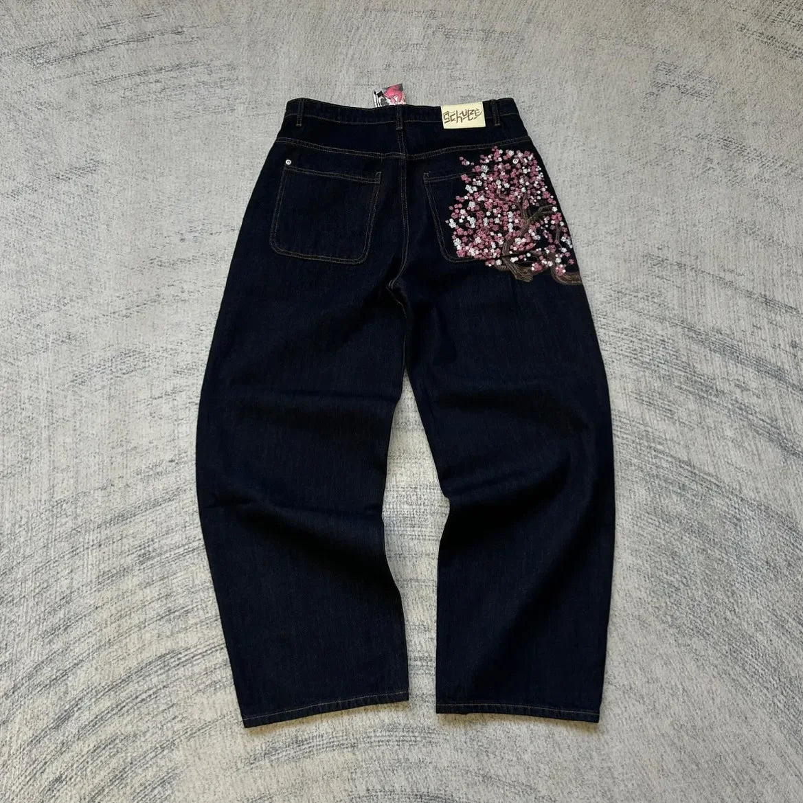 Vintage Cherry Blossom Embroidery Baggy Jeans Women Y2k Harajuku Hip Hop Casual 2000s Wide Trousers American Gothic Streetwear