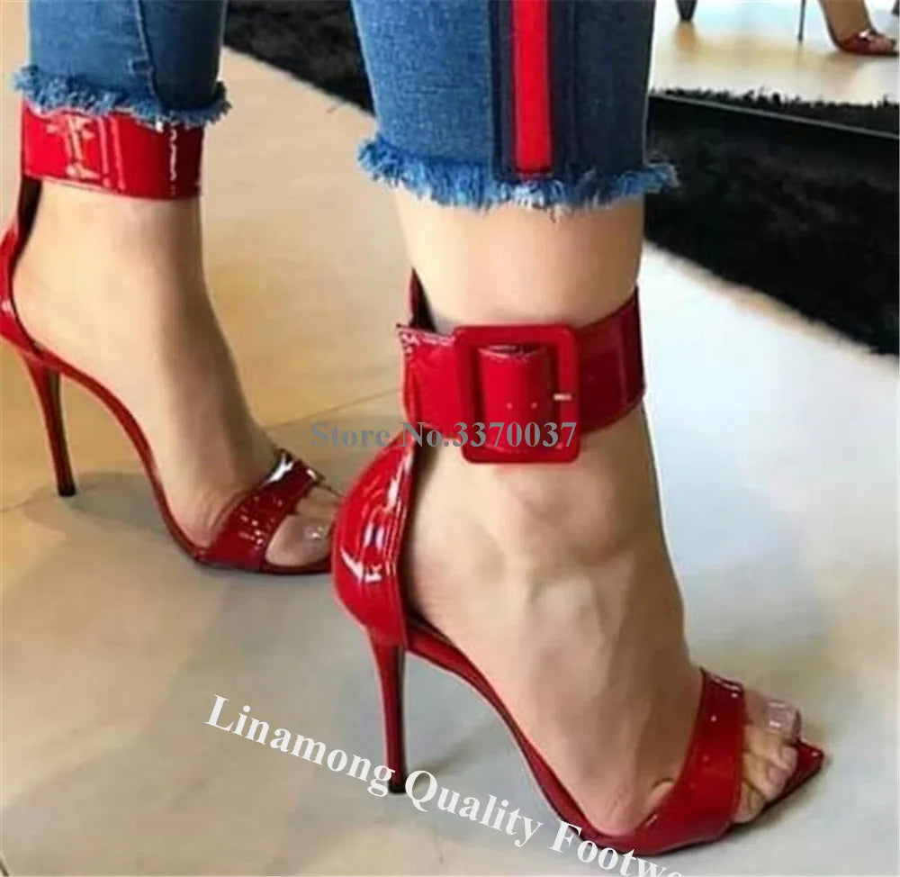 Patent Leather Buckle Strap Sandals With Stiletto Heel For Women