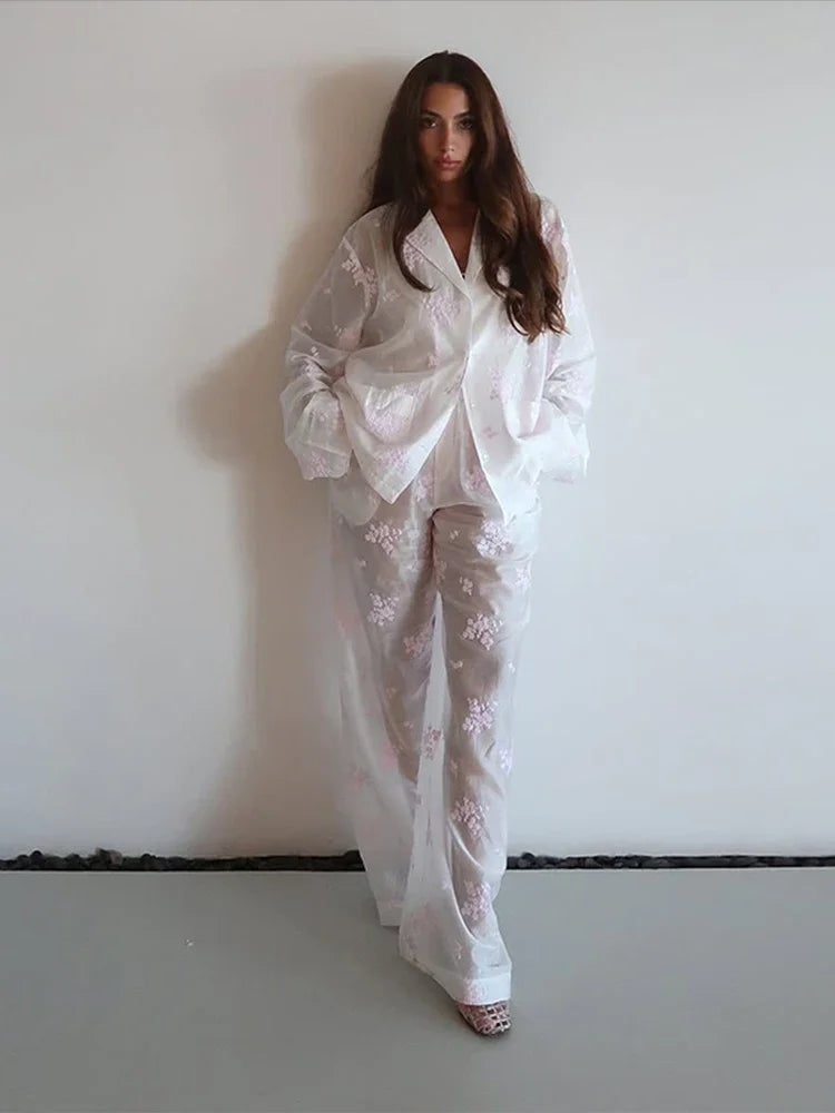 Sheer Casual Shirt and Wide Leg Pants Set for Women