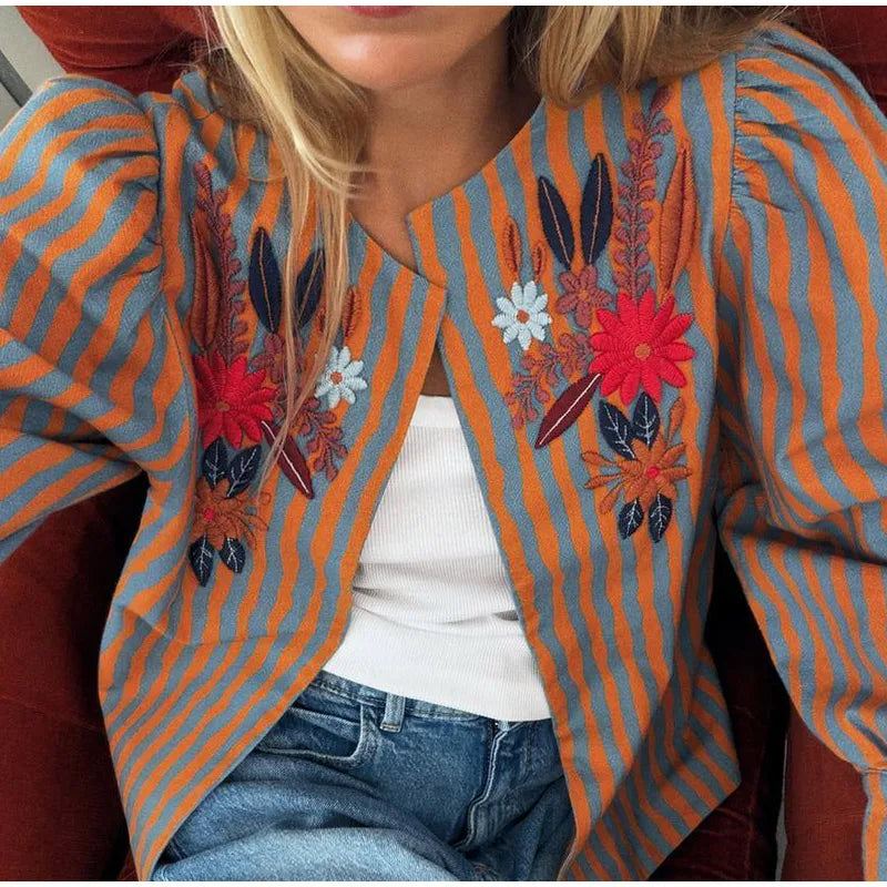 Elegant Striped Embroidered Open Stitch Jacket for Women