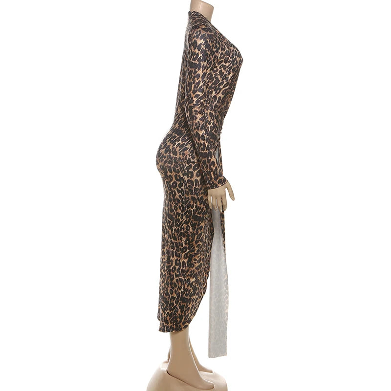 Leopard Print Deep V-Neck Ruched Maxi Dress for Women