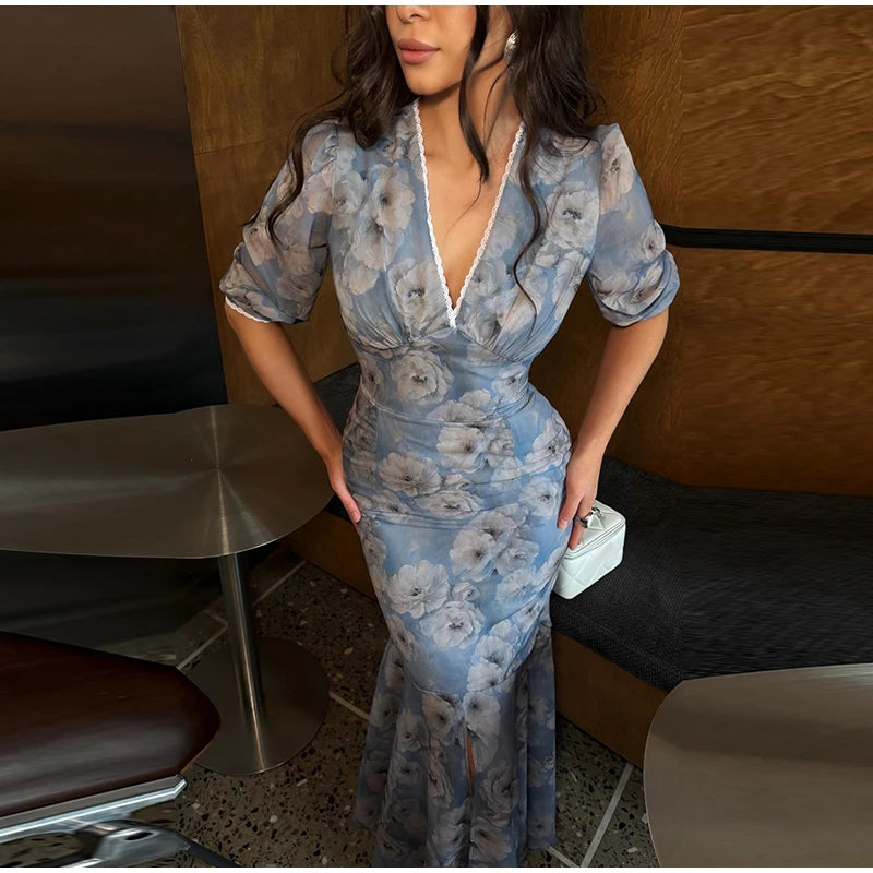 Elegant Print Pleated Puff Sleeve V Neck Long Dress for Women