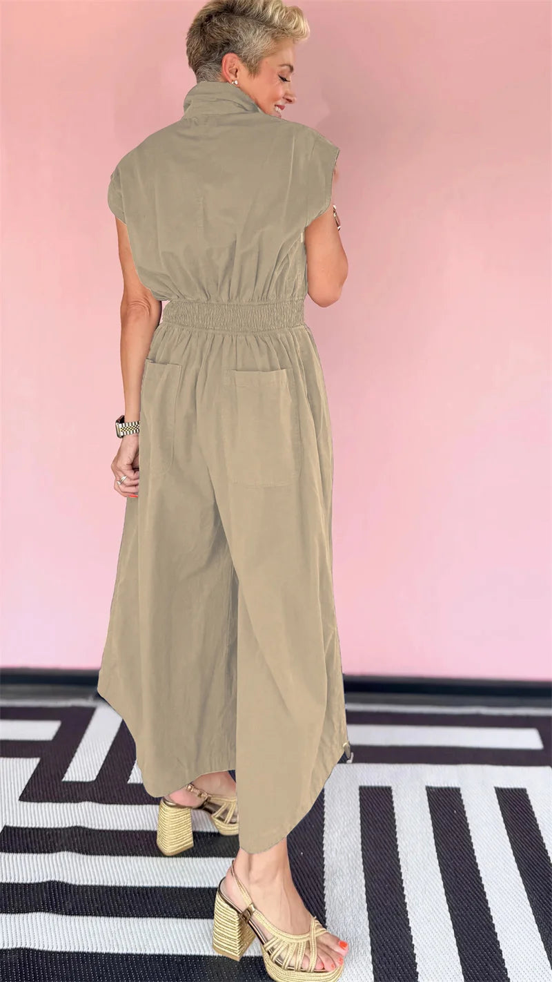 Doyerl Solid Casual Summer Jumpsuit Woman Clothing Turn-down Collar Button Up Sleeveless Loose Rompers One Piece Overalls 2025