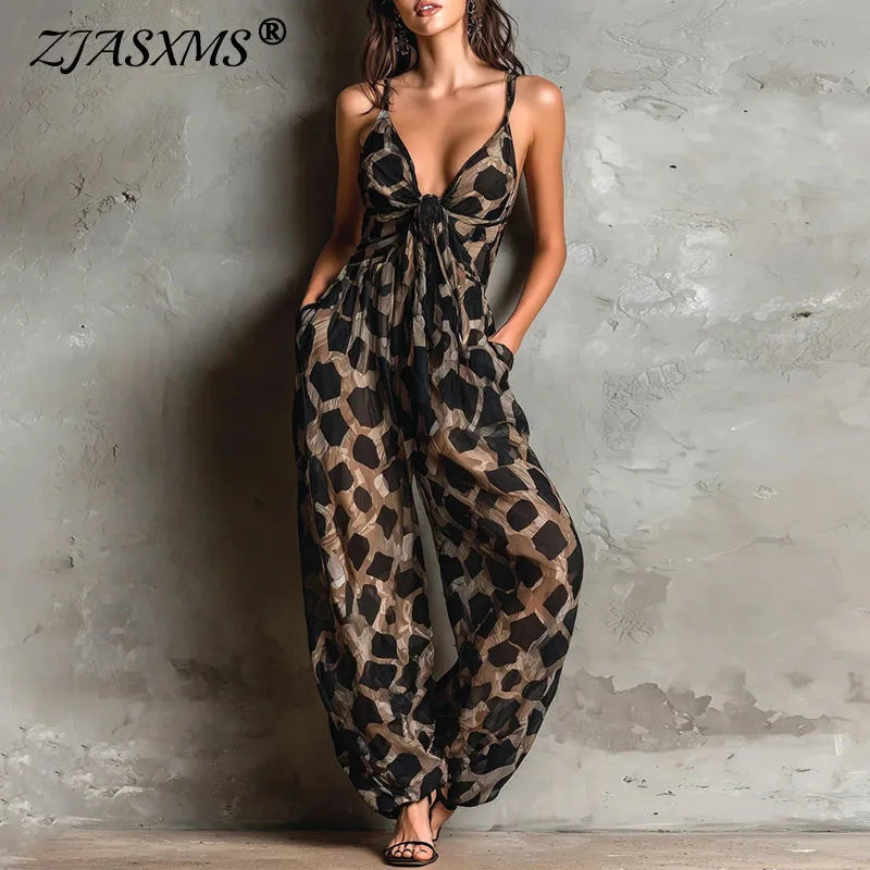 Leopard Print Tie Front Wide Leg Jumpsuit for Women