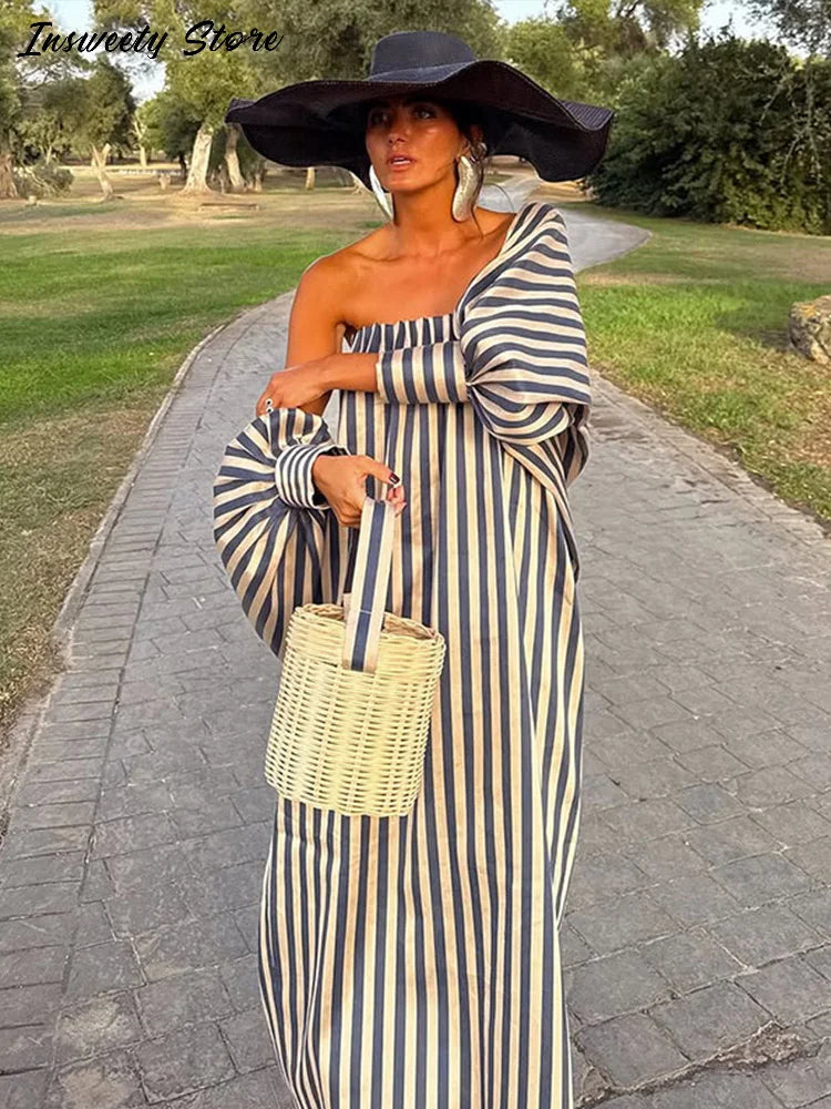 Striped Strapless Maxi Dress Set With Detachable Shawl for Women