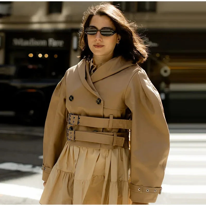 Khaki Cotton Blended Double Breasted Puff Sleeve Coat For Women