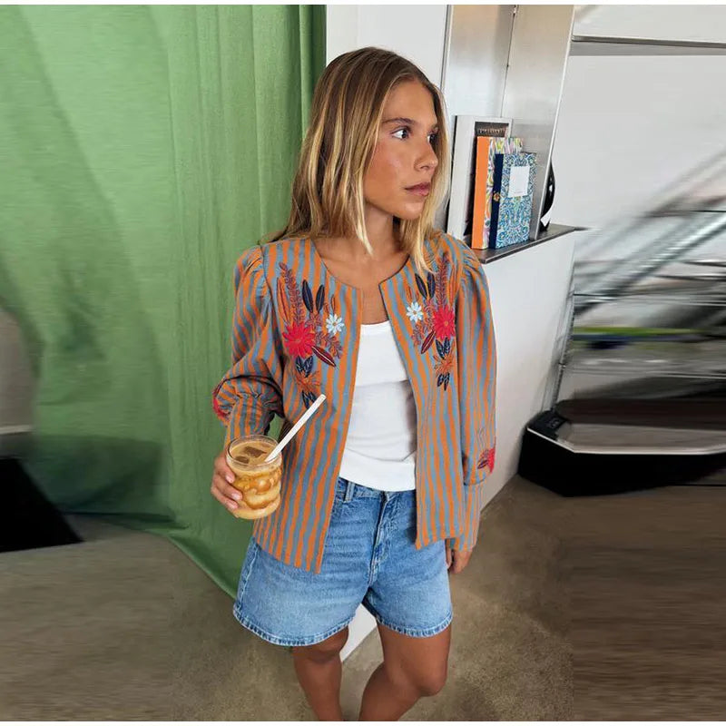 Elegant Striped Embroidered Open Stitch Jacket for Women