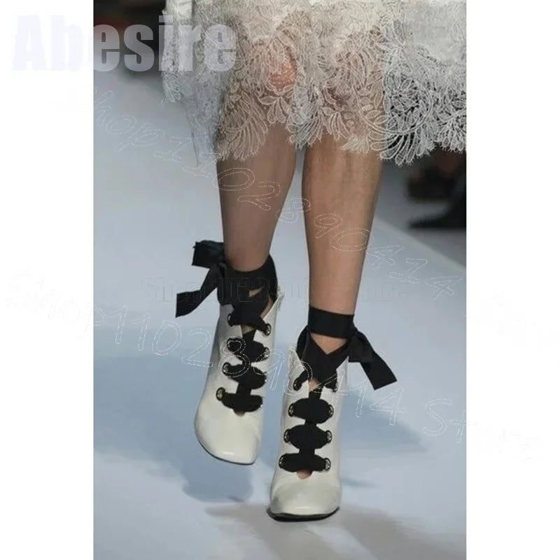 Sky Blue Silk Strappy Square Toe Lace Up Ankle Boots for Women