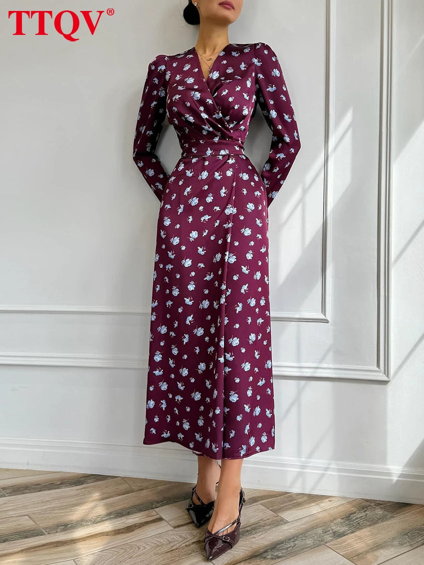 Printed V Neck Long Sleeve Ankle Length Dress for Women