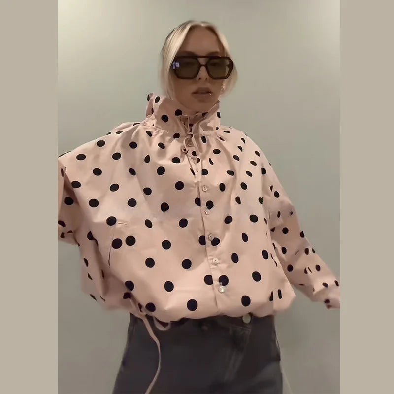 Polka Dot Lace Up Stand Collar Single Breasted Jacket for Women