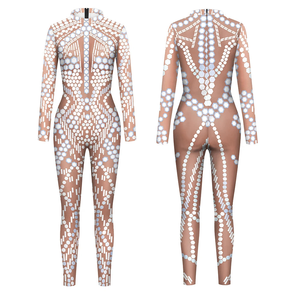 Elegant Skin Color Rhinestone Print Jumpsuit for Women