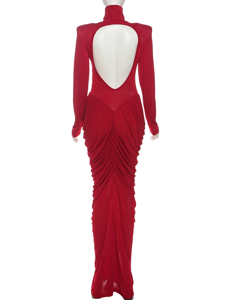 Elegant Ruched Backless Turtleneck Maxi Dress for Women
