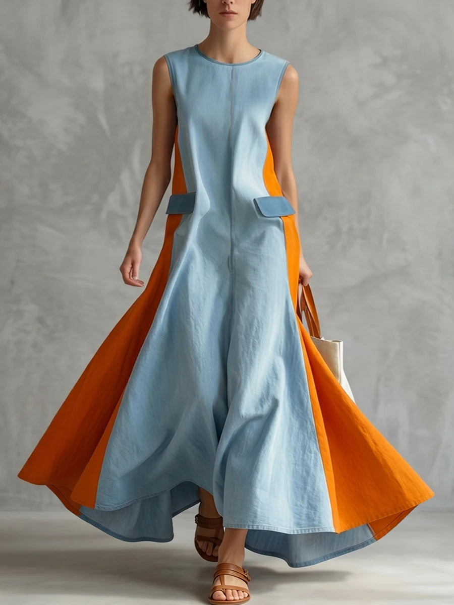 Blue Orange Color Block Round Neck Sleeveless Maxi Dress for Women