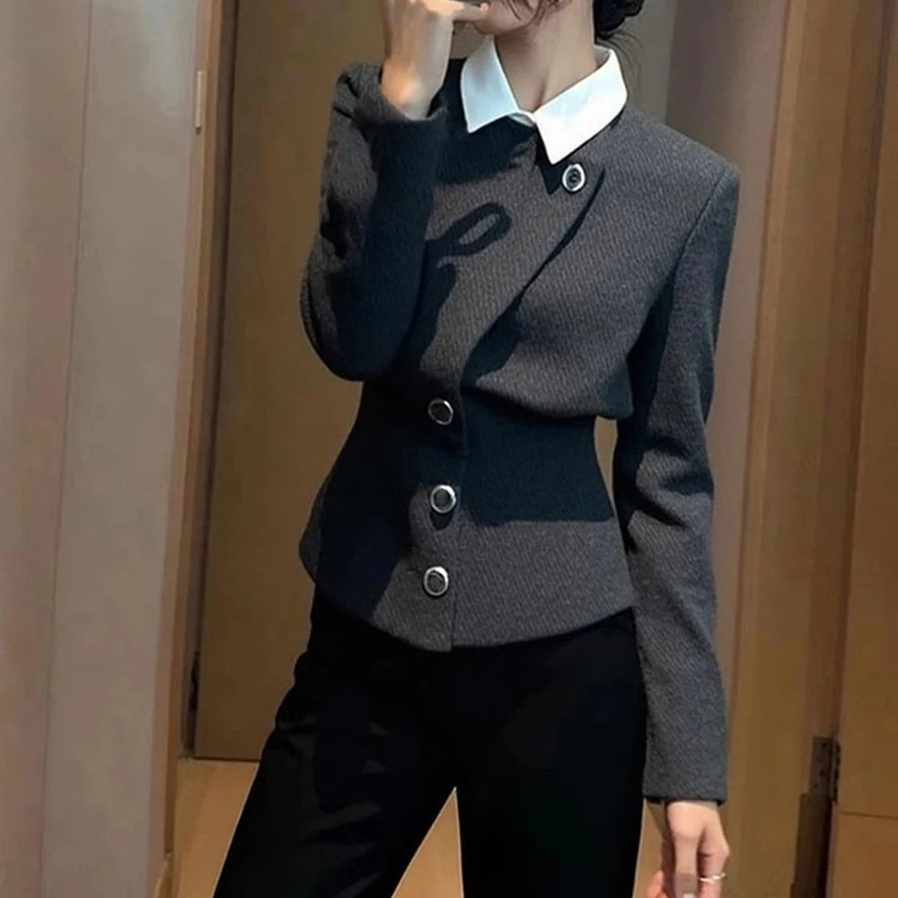 Grey Faux Two Piece Button Detail Casual Coat For Women