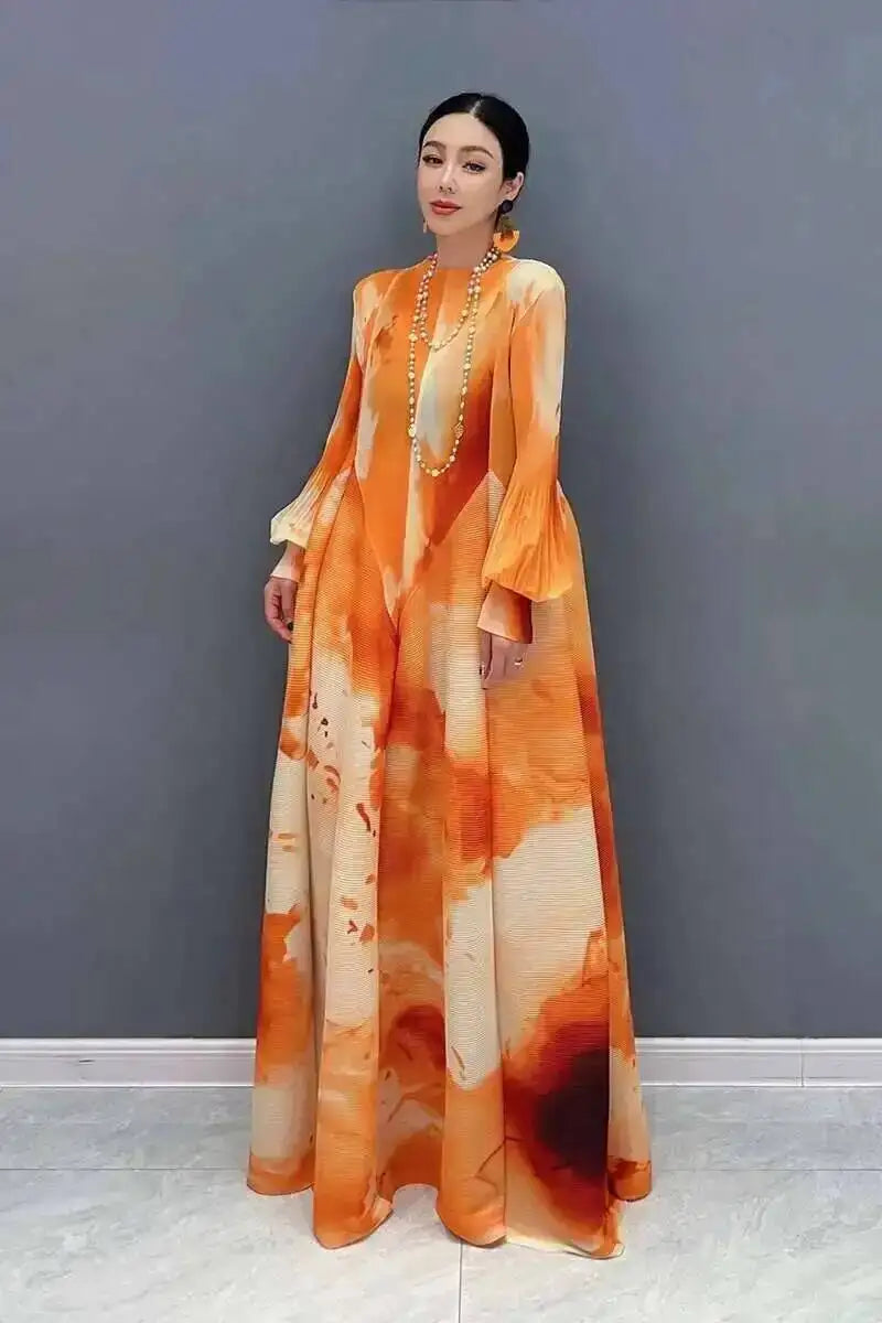 Printed Chiffon Ankle Length Dress With Bubble Sleeves for Women
